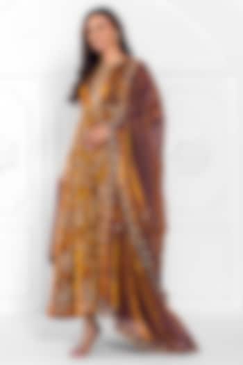 Copper Gold Satin Organza Hand & Machine Embroidered Wedding Anarkali Set by AJAY & PRIYANKA at Pernia's Pop Up Shop