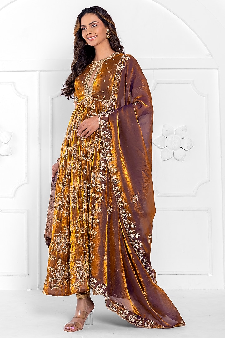 Copper Gold Satin Organza Hand & Machine Embroidered Wedding Anarkali Set by AJAY & PRIYANKA at Pernia's Pop Up Shop