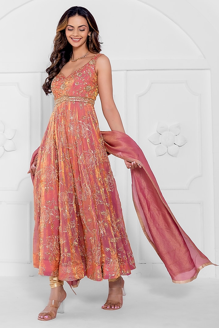 Rose Gold Satin Organza Hand & Machine Embroidered Wedding Anarkali Set by AJAY & PRIYANKA at Pernia's Pop Up Shop