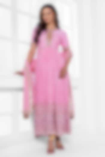 Powder Pink Pure Crepe Hand Embroidery Wedding Anarkali Set by AJAY & PRIYANKA at Pernia's Pop Up Shop