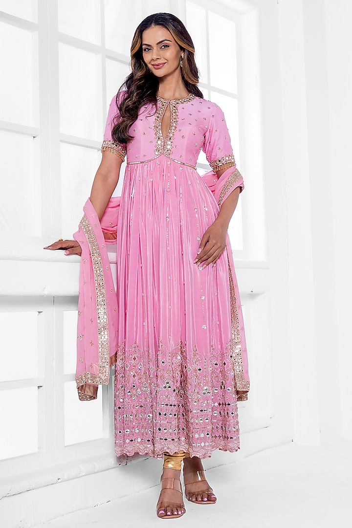 Powder Pink Pure Crepe Hand Embroidery Wedding Anarkali Set by AJAY & PRIYANKA at Pernia's Pop Up Shop