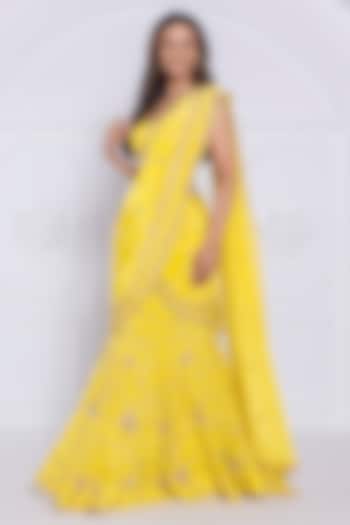 Yellow Pure Crepe Hand Embroidery Pre-Draped Wedding Saree Set by AJAY & PRIYANKA at Pernia's Pop Up Shop