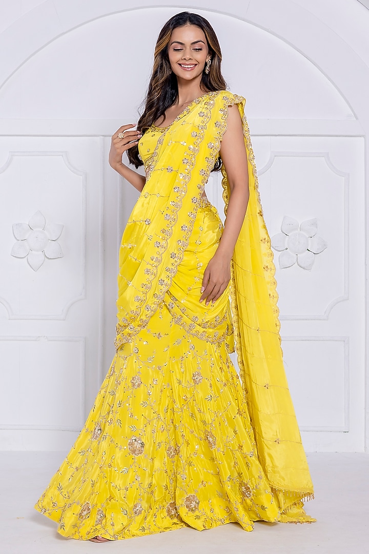 Yellow Pure Crepe Hand Embroidery Pre-Draped Wedding Saree Set by AJAY & PRIYANKA at Pernia's Pop Up Shop