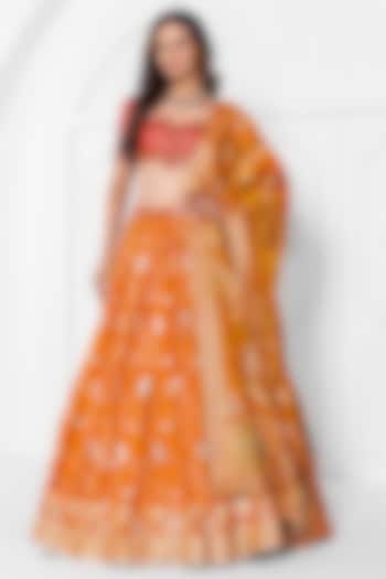 Orange Silk Brocade Hand Embroidery Wedding Lehenga Set by AJAY & PRIYANKA at Pernia's Pop Up Shop