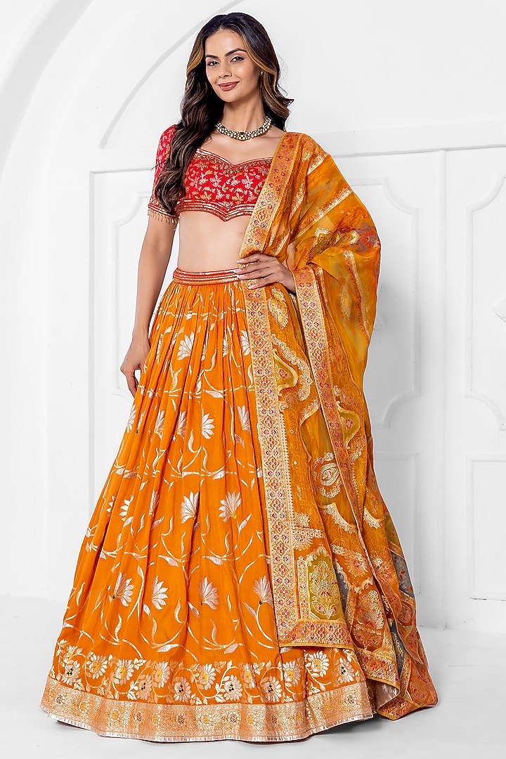 Orange Silk Brocade Hand Embroidery Wedding Lehenga Set by AJAY & PRIYANKA at Pernia's Pop Up Shop