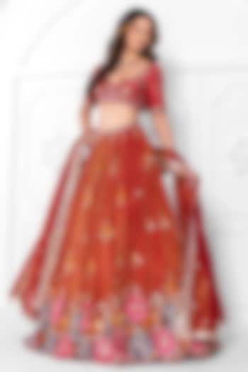 Maroon Tissue Hand Embroidery Wedding Lehenga Set by AJAY & PRIYANKA at Pernia's Pop Up Shop