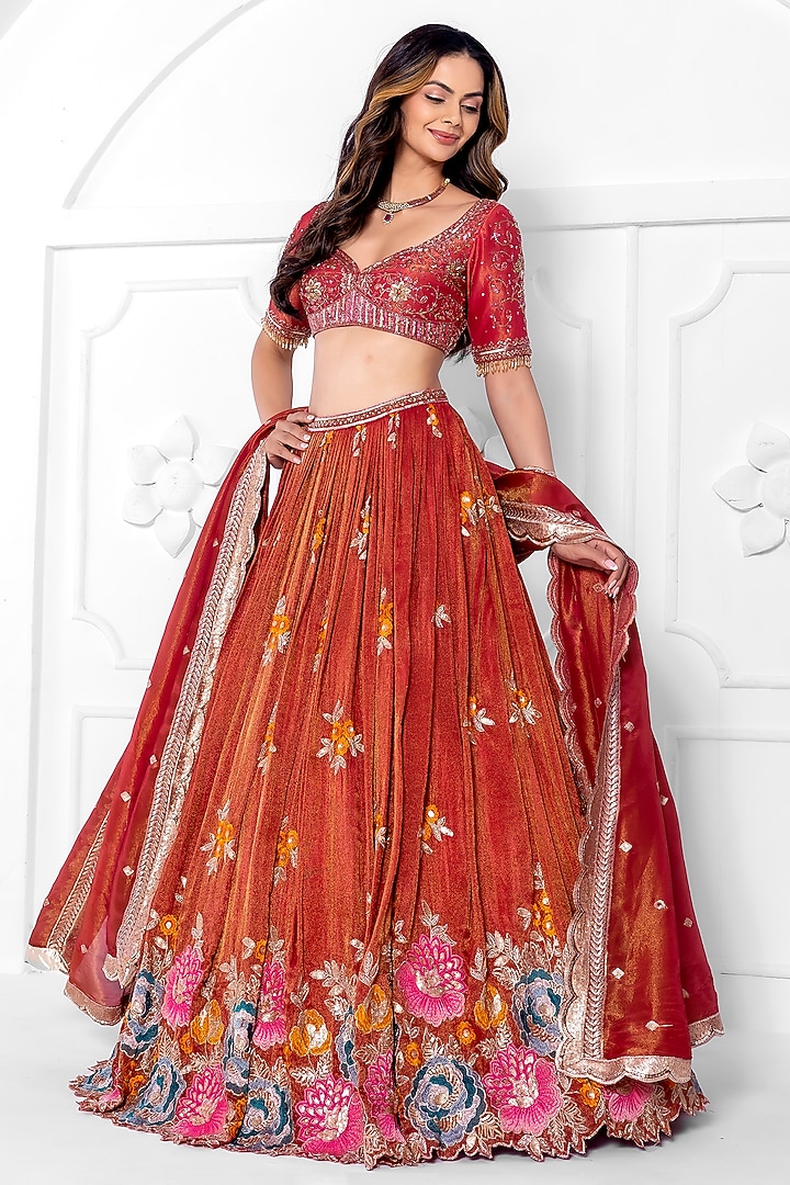 Maroon Tissue Hand Embroidery Wedding Lehenga Set by AJAY & PRIYANKA at Pernia's Pop Up Shop