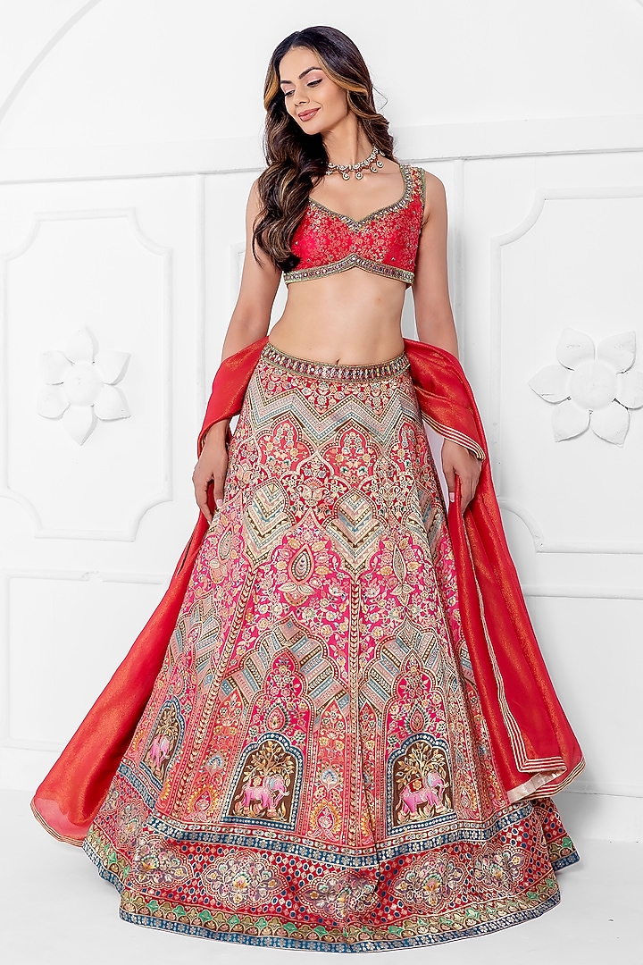 Rani Pink Silk Brocade Hand Embroidery Wedding Lehenga Set by AJAY & PRIYANKA at Pernia's Pop Up Shop