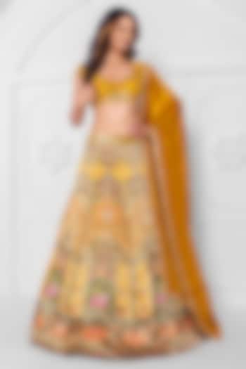 Yellow Multi-Coloured Silk Brocade Hand Embroidery Wedding Lehenga Set by AJAY & PRIYANKA at Pernia's Pop Up Shop