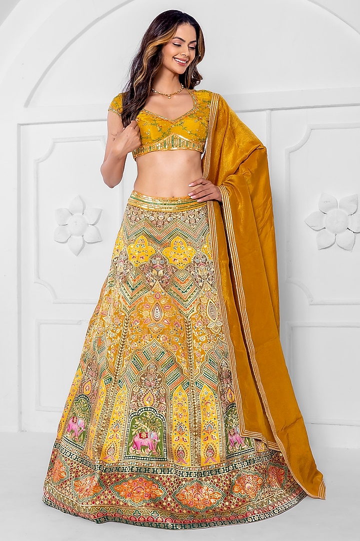 Yellow Multi-Coloured Silk Brocade Hand Embroidery Wedding Lehenga Set by AJAY & PRIYANKA at Pernia's Pop Up Shop