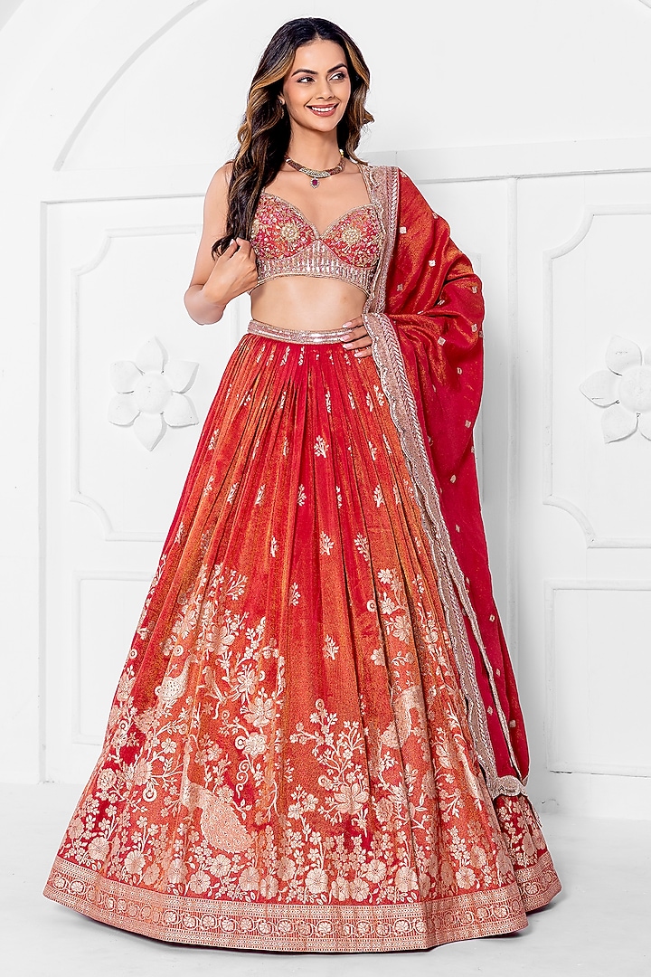 Rani Pink Tissue Brocade Hand Embroidery Wedding Lehenga Set by AJAY & PRIYANKA at Pernia's Pop Up Shop