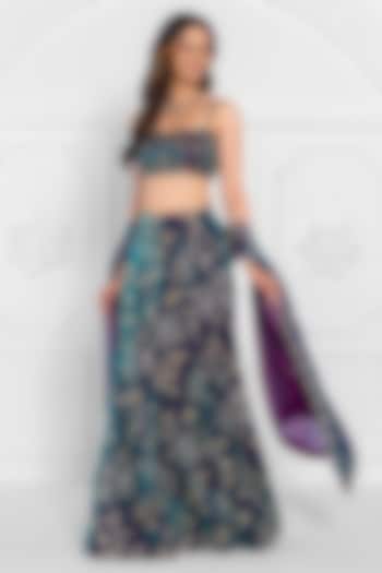 Peacock Blue Satin Organza Hand Embroidered Wedding Lehenga Set by AJAY & PRIYANKA at Pernia's Pop Up Shop
