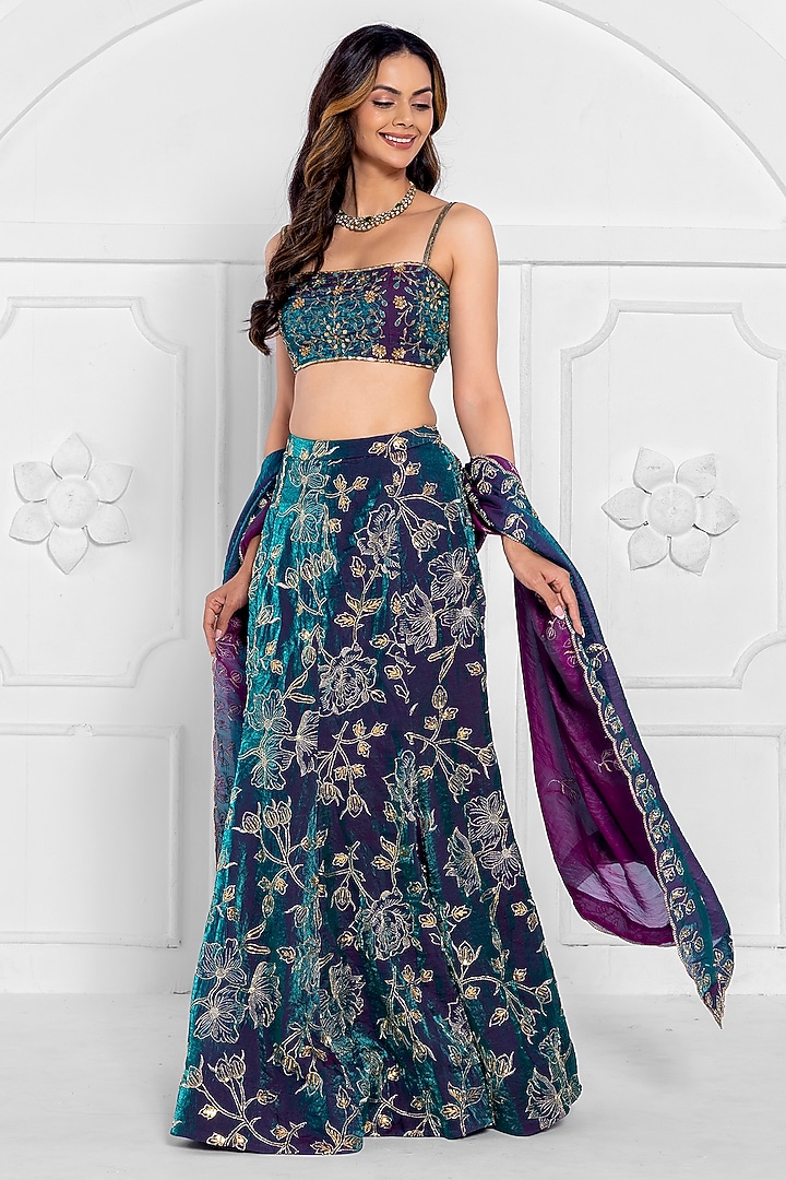 Peacock Blue Satin Organza Hand Embroidered Wedding Lehenga Set by AJAY & PRIYANKA at Pernia's Pop Up Shop
