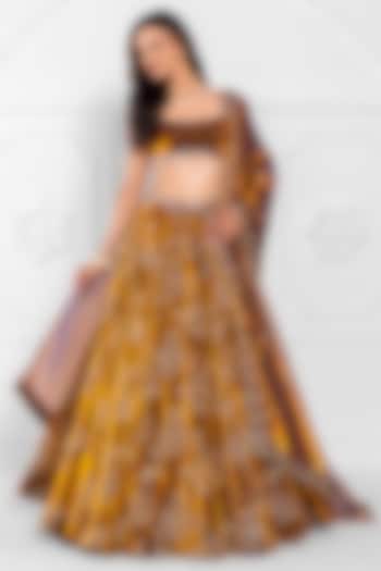 Copper Gold Satin Organza Hand Embroidered Wedding Lehenga Set by AJAY & PRIYANKA at Pernia's Pop Up Shop