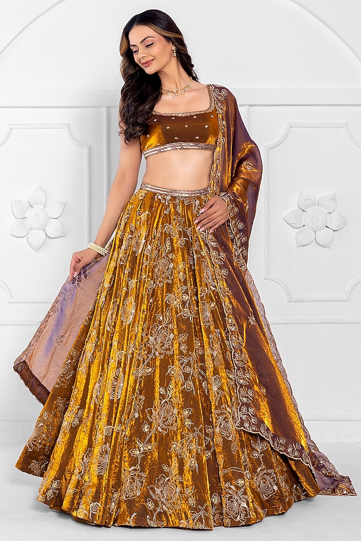 Copper Gold Satin Organza Hand Embroidered Wedding Lehenga Set by AJAY & PRIYANKA at Pernia's Pop Up Shop