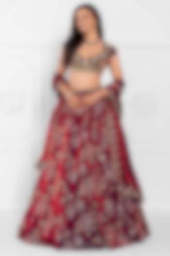 Maroon Satin Organza Hand Embroidered Wedding Lehenga Set by AJAY & PRIYANKA at Pernia's Pop Up Shop