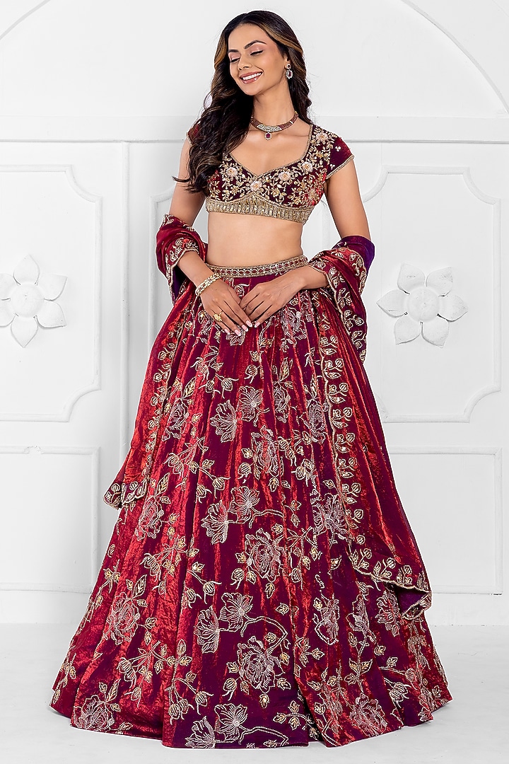 Maroon Satin Organza Hand Embroidered Wedding Lehenga Set by AJAY & PRIYANKA at Pernia's Pop Up Shop
