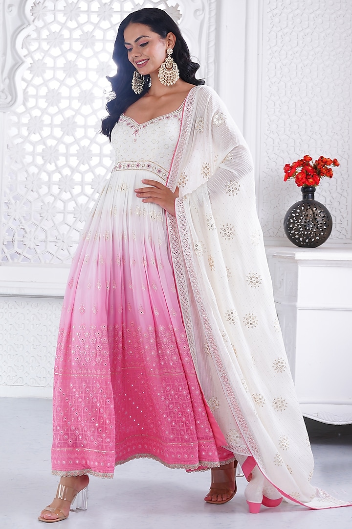 Ivory & Pink Ombre Cotton Chikan Sequins & Pearl Embellished Anarkali Set by AJAY & PRIYANKA