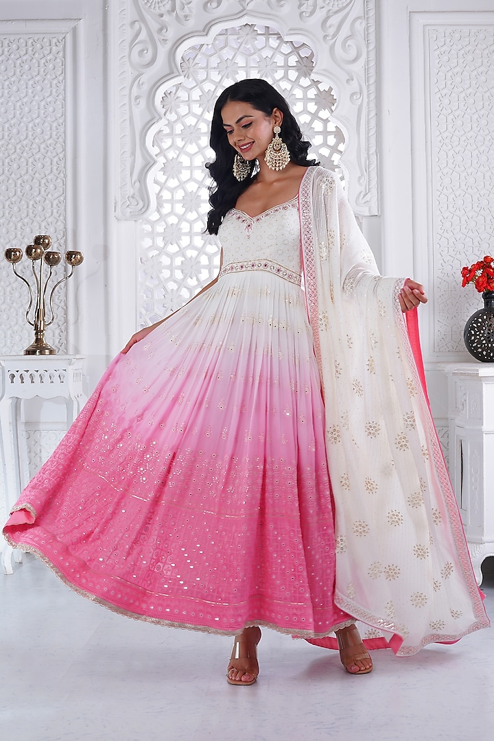Ivory & Pink Ombre Cotton Chikan Sequins & Pearl Embellished Anarkali Set  by AJAY & PRIYANKA at Pernia's Pop Up Shop 2026