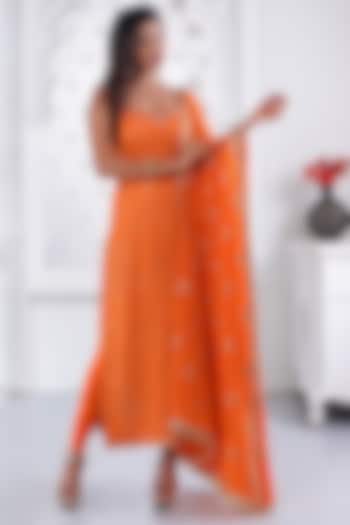 Orange Cotton Chikan Sequins & Pearl Embellished Kurta Set by AJAY & PRIYANKA