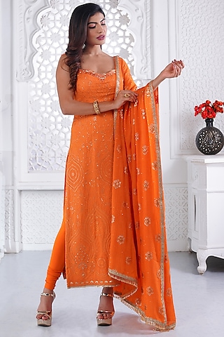 Orange Cotton Chikan Sequins & Pearl Embellished Kurta Set by AJAY & PRIYANKA
