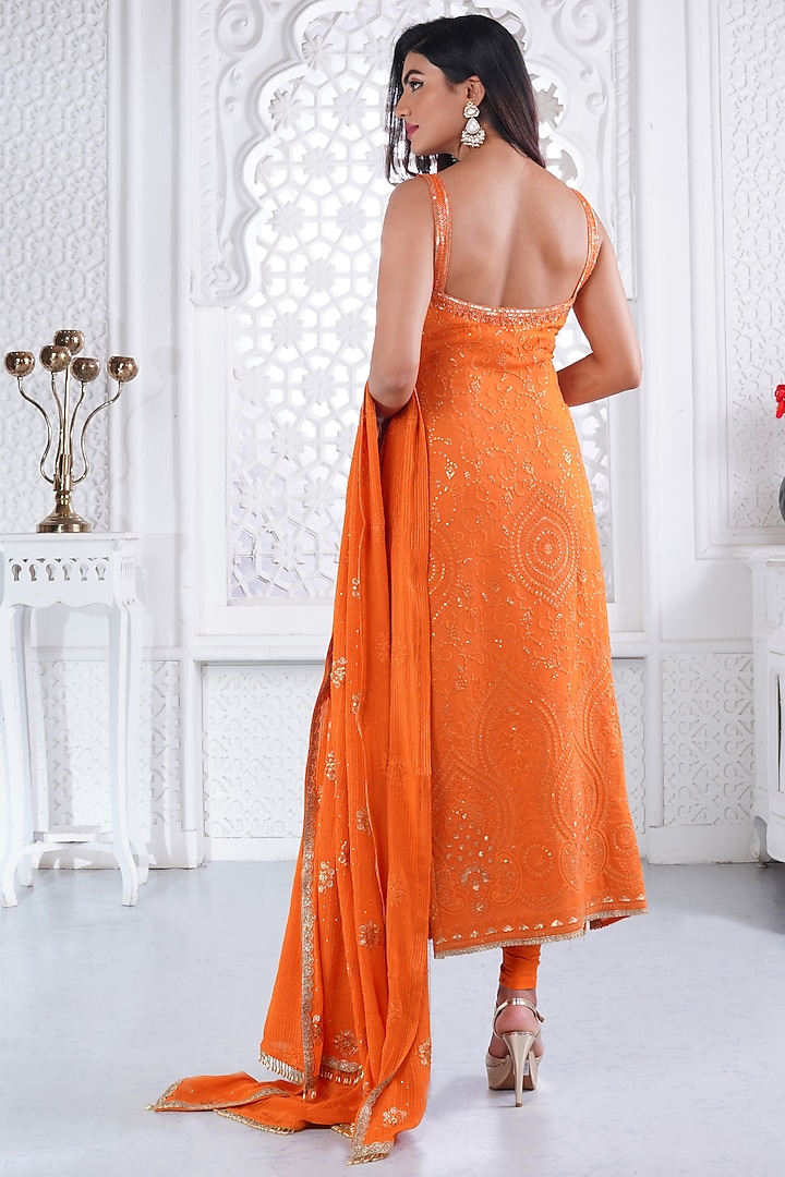 Orange Cotton Chikan Sequins & Pearl Embellished Kurta Set by AJAY & PRIYANKA at Pernia's Pop Up Shop