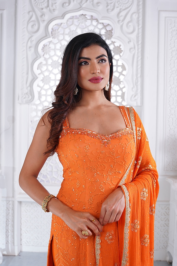 Orange Cotton Chikan Sequins & Pearl Embellished Kurta Set by AJAY & PRIYANKA at Pernia's Pop Up Shop