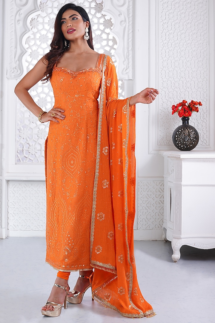 Orange Cotton Chikan Sequins & Pearl Embellished Kurta Set by AJAY & PRIYANKA at Pernia's Pop Up Shop