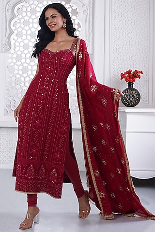 Maroon Cotton Chikan Sequins & Pearl Embellished Kurta Set by AJAY & PRIYANKA