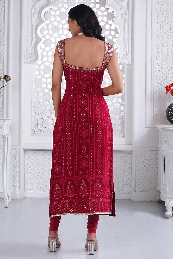 Maroon Cotton Chikan Sequins & Pearl Embellished Kurta Set by AJAY & PRIYANKA at Pernia's Pop Up Shop