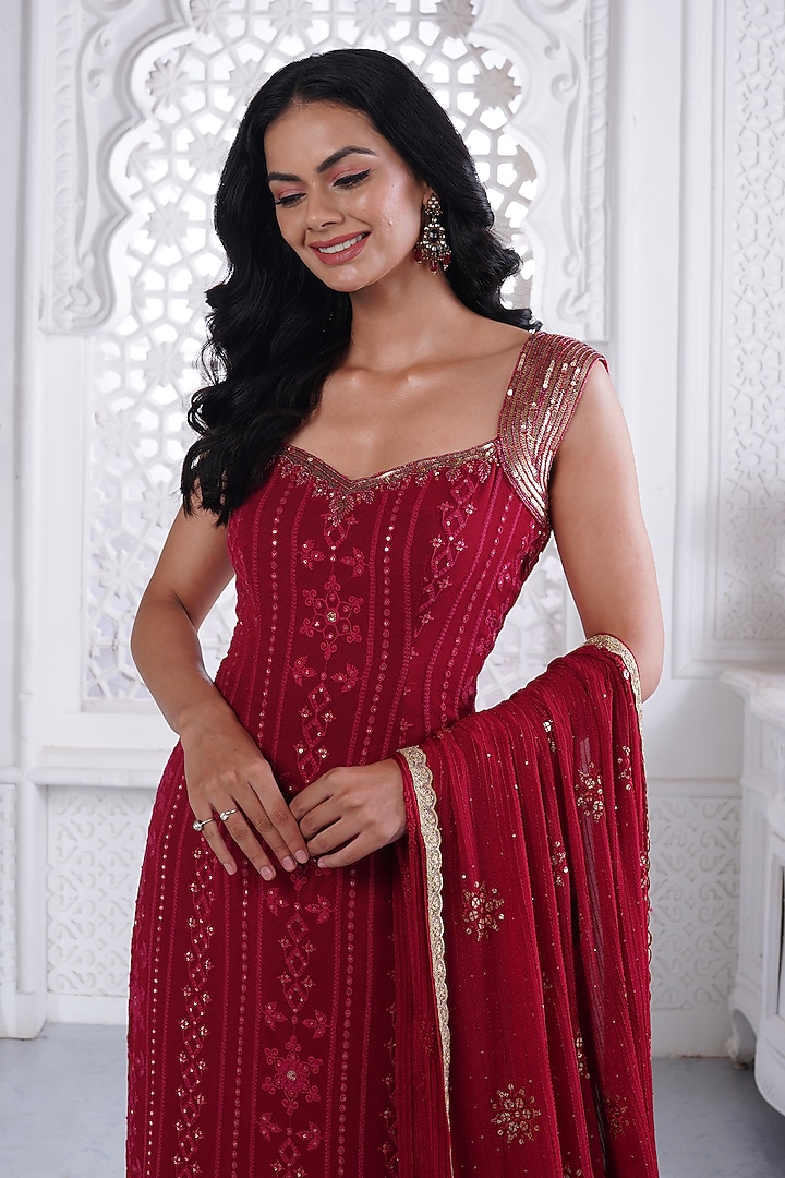 Maroon Cotton Chikan Sequins & Pearl Embellished Kurta Set by AJAY & PRIYANKA at Pernia's Pop Up Shop