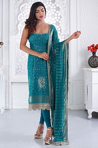 Sea Green Cotton Chikan Sequins & Resham Embellished Kurta Set by AJAY & PRIYANKA