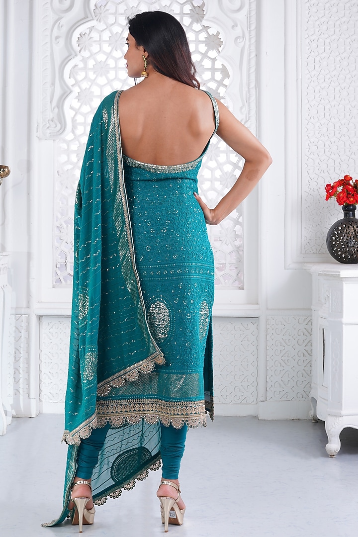 Sea Green Cotton Chikan Sequins & Resham Embellished Kurta Set by AJAY & PRIYANKA at Pernia's Pop Up Shop