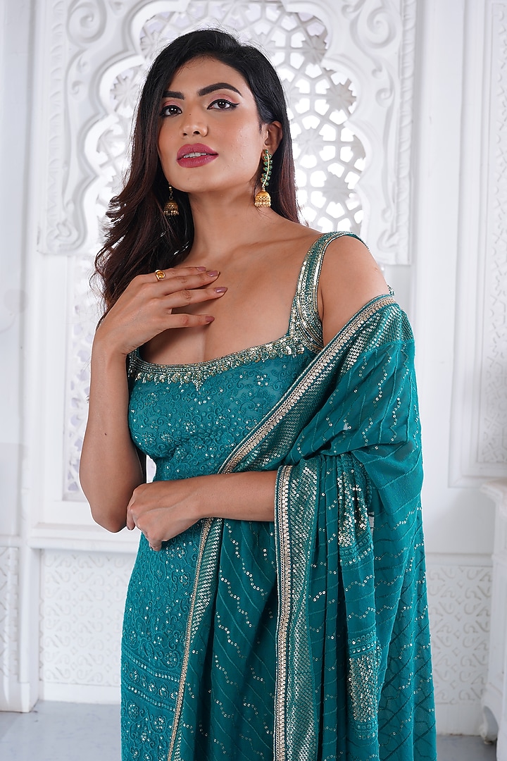 Sea Green Cotton Chikan Sequins & Resham Embellished Kurta Set by AJAY & PRIYANKA at Pernia's Pop Up Shop