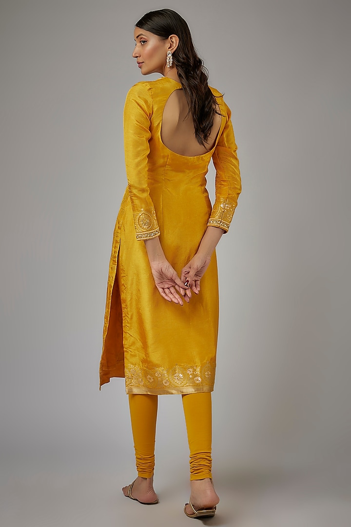 Yellow Silk Brocade Zardosi Embroidered Kurta Set by AJAY & PRIYANKA at Pernia's Pop Up Shop