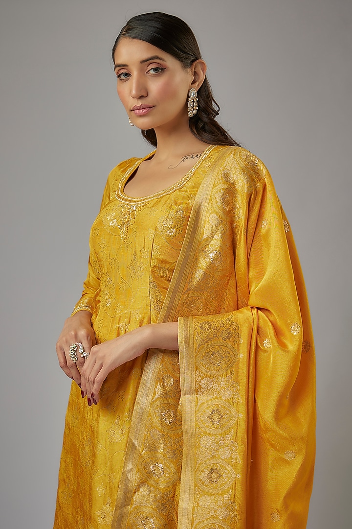 Yellow Silk Brocade Zardosi Embroidered Kurta Set by AJAY & PRIYANKA at Pernia's Pop Up Shop