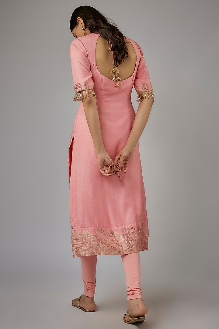 Pink Silk Brocade Zardosi Embroidered Kurta Set by AJAY & PRIYANKA at Pernia's Pop Up Shop