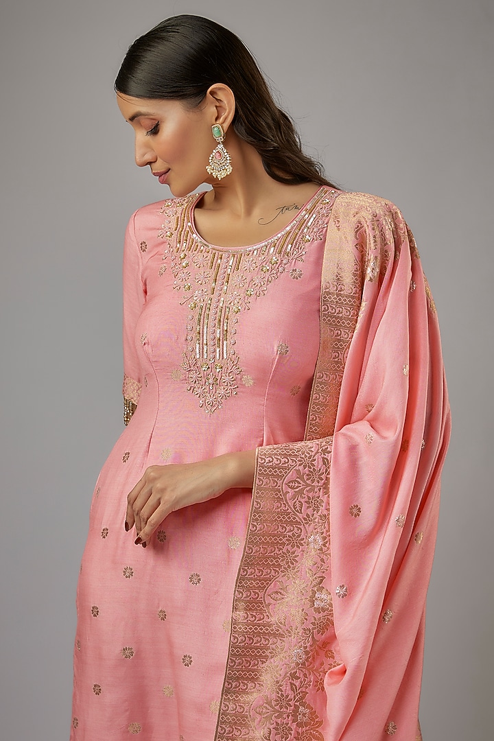 Pink Silk Brocade Zardosi Embroidered Kurta Set by AJAY & PRIYANKA at Pernia's Pop Up Shop