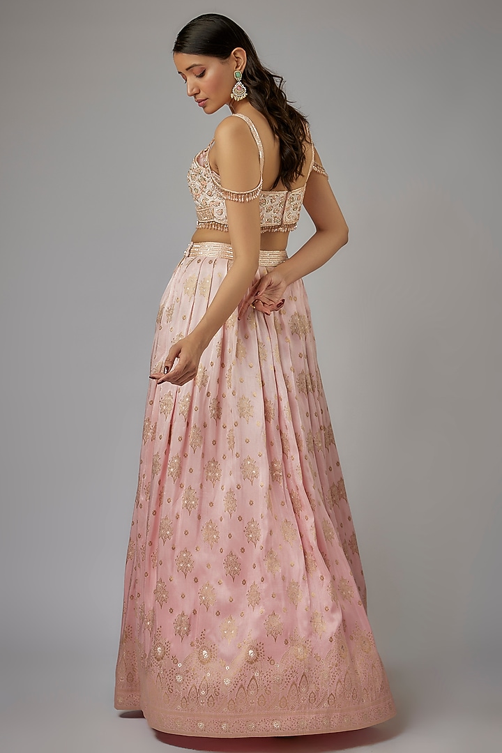 Peach Ombre Silk Brocade Zardosi Embroidered Wedding Lehenga Set by AJAY & PRIYANKA at Pernia's Pop Up Shop