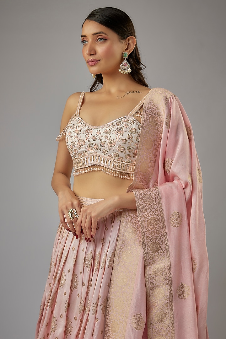 Peach Ombre Silk Brocade Zardosi Embroidered Wedding Lehenga Set by AJAY & PRIYANKA at Pernia's Pop Up Shop