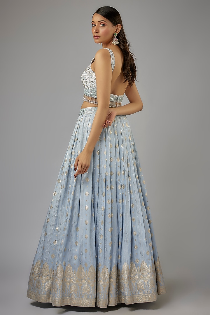 Ice Blue Ombre Silk Brocade Zardosi Embroidered Wedding Lehenga Set by AJAY & PRIYANKA at Pernia's Pop Up Shop
