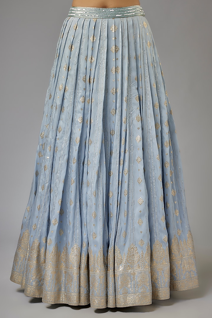 Ice Blue Ombre Silk Brocade Zardosi Embroidered Wedding Lehenga Set by AJAY & PRIYANKA at Pernia's Pop Up Shop