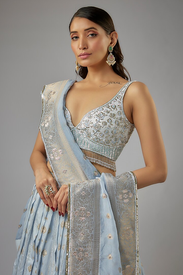 Ice Blue Ombre Silk Brocade Zardosi Embroidered Wedding Lehenga Set by AJAY & PRIYANKA at Pernia's Pop Up Shop