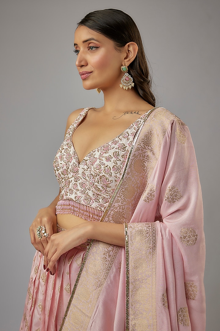 Pink Ombre Silk Brocade Zardosi Embroidered Wedding Lehenga Set by AJAY & PRIYANKA at Pernia's Pop Up Shop