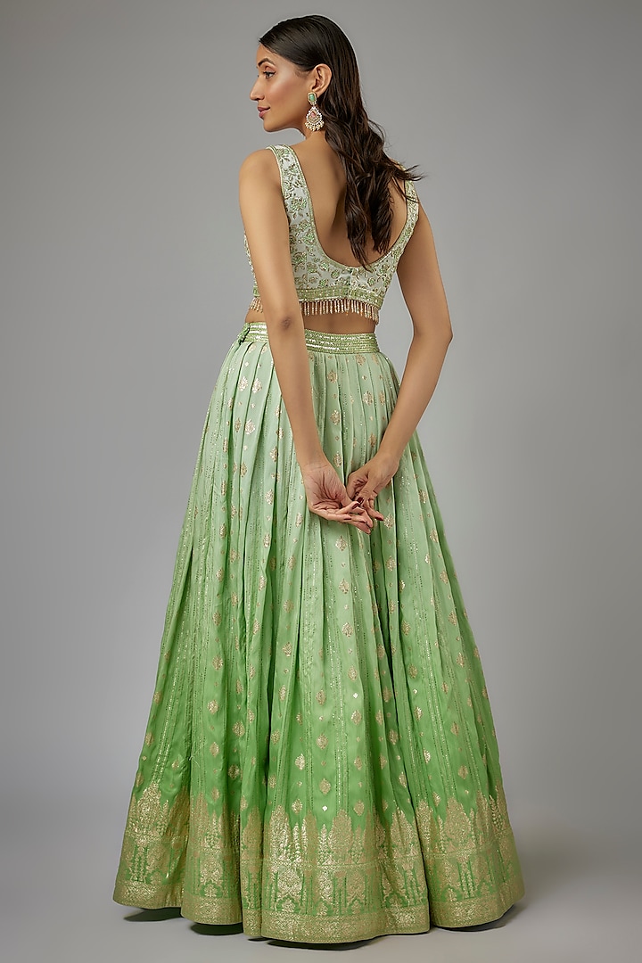 Green Ombre Silk Brocade Zardosi Embroidered Wedding Lehenga Set by AJAY & PRIYANKA at Pernia's Pop Up Shop