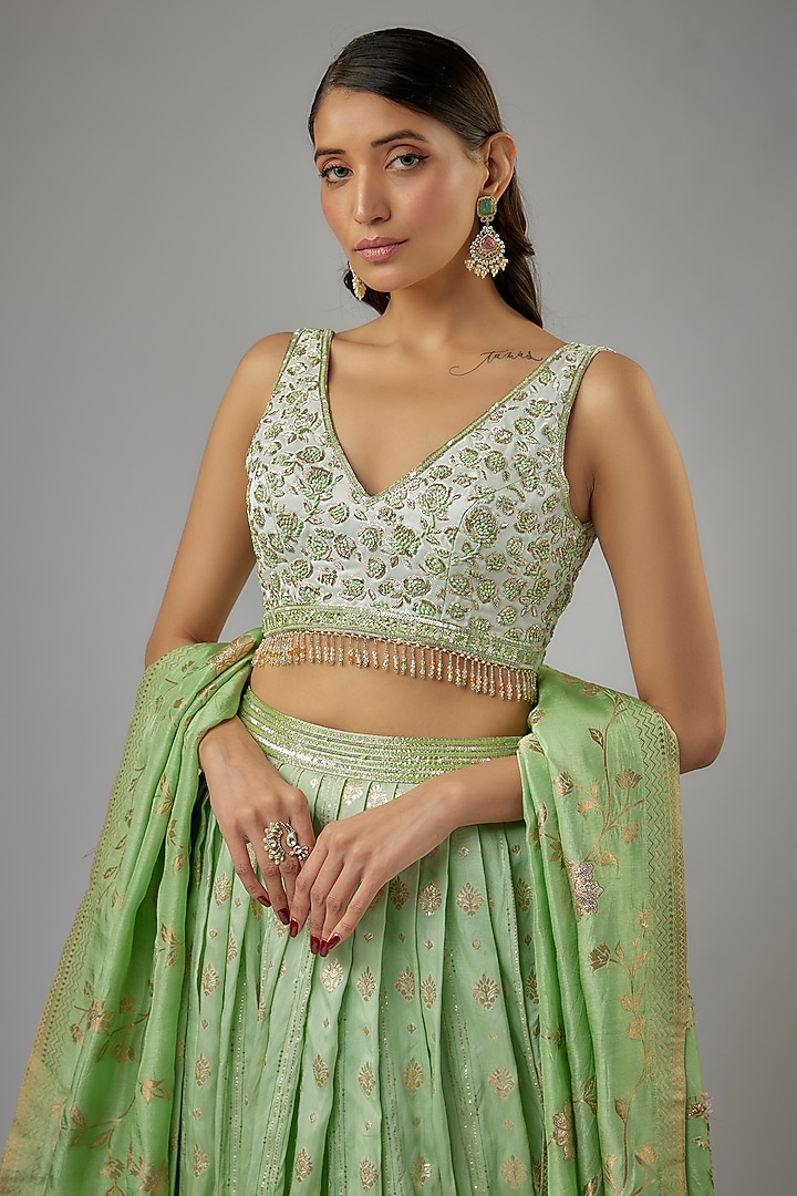 Green Ombre Silk Brocade Zardosi Embroidered Wedding Lehenga Set by AJAY & PRIYANKA at Pernia's Pop Up Shop