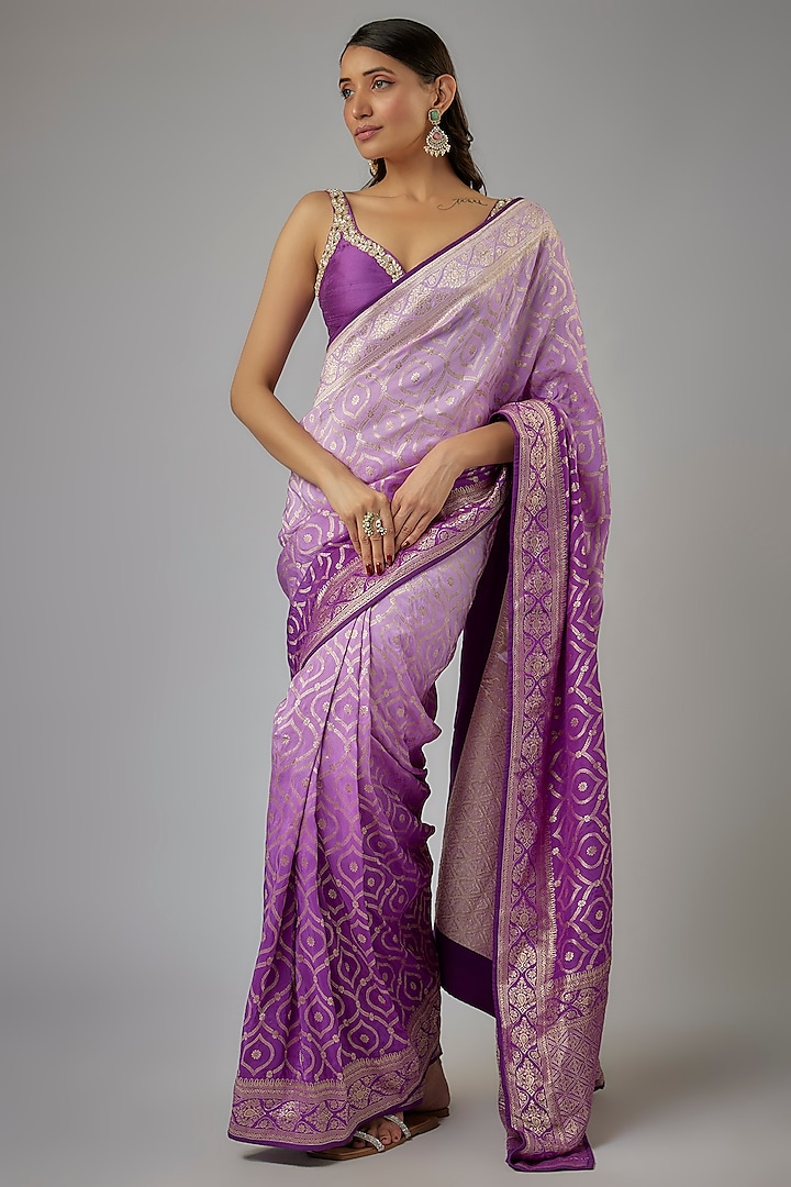Purple Silk Brocade Ombre Zardosi Embroidered Pre-Draped Saree Set by AJAY & PRIYANKA