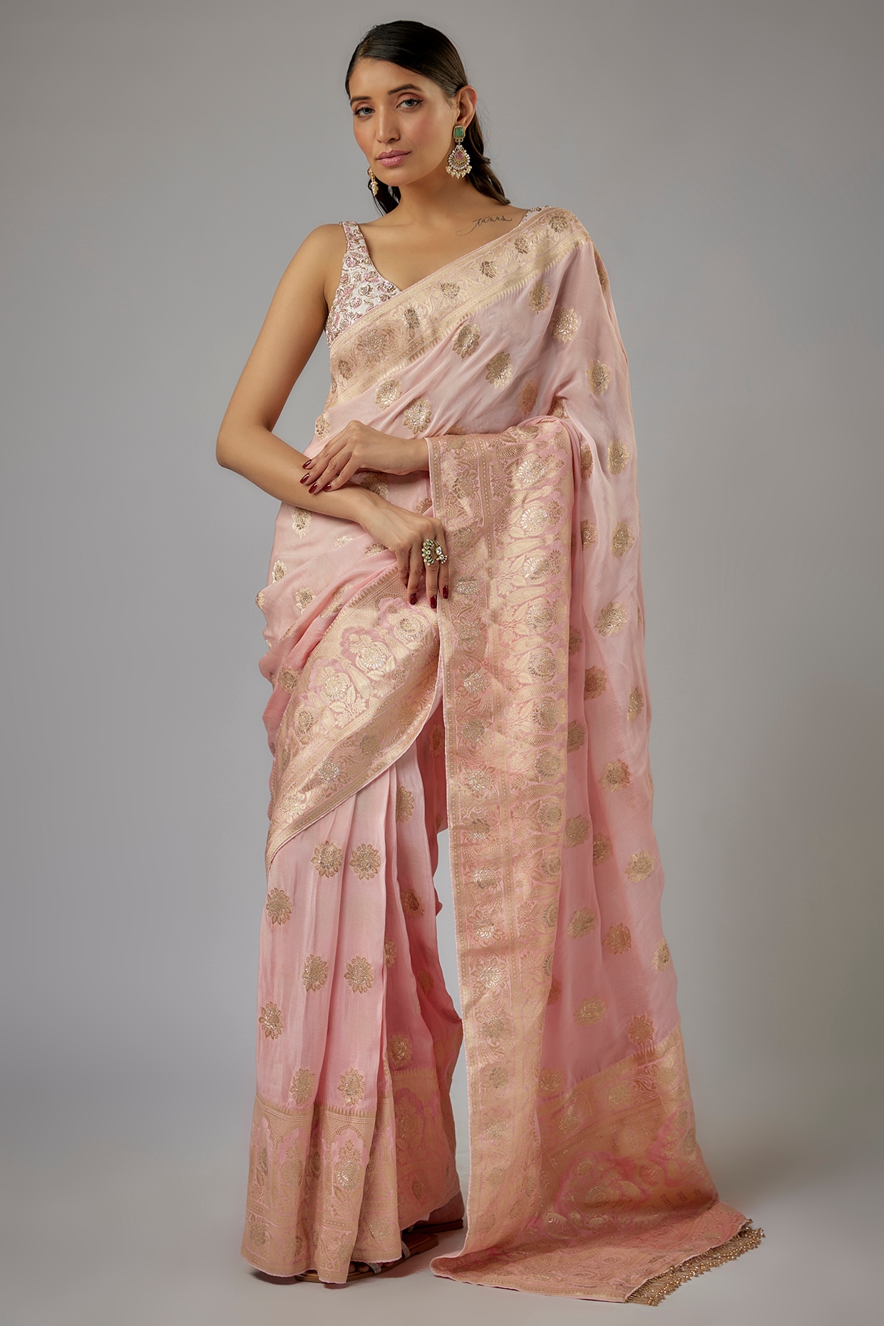 Sandal Banaras half-saree with zari buttas, contrast zari design border &  floral design blouse, intricate dhavani