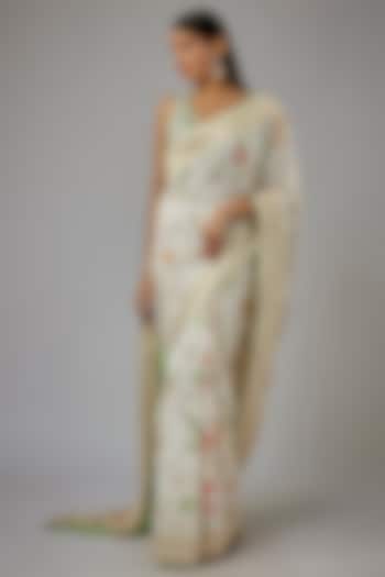 Multi-Colored Silk Brocade Zardosi Embroidered Pre-Draped Saree Set by AJAY & PRIYANKA