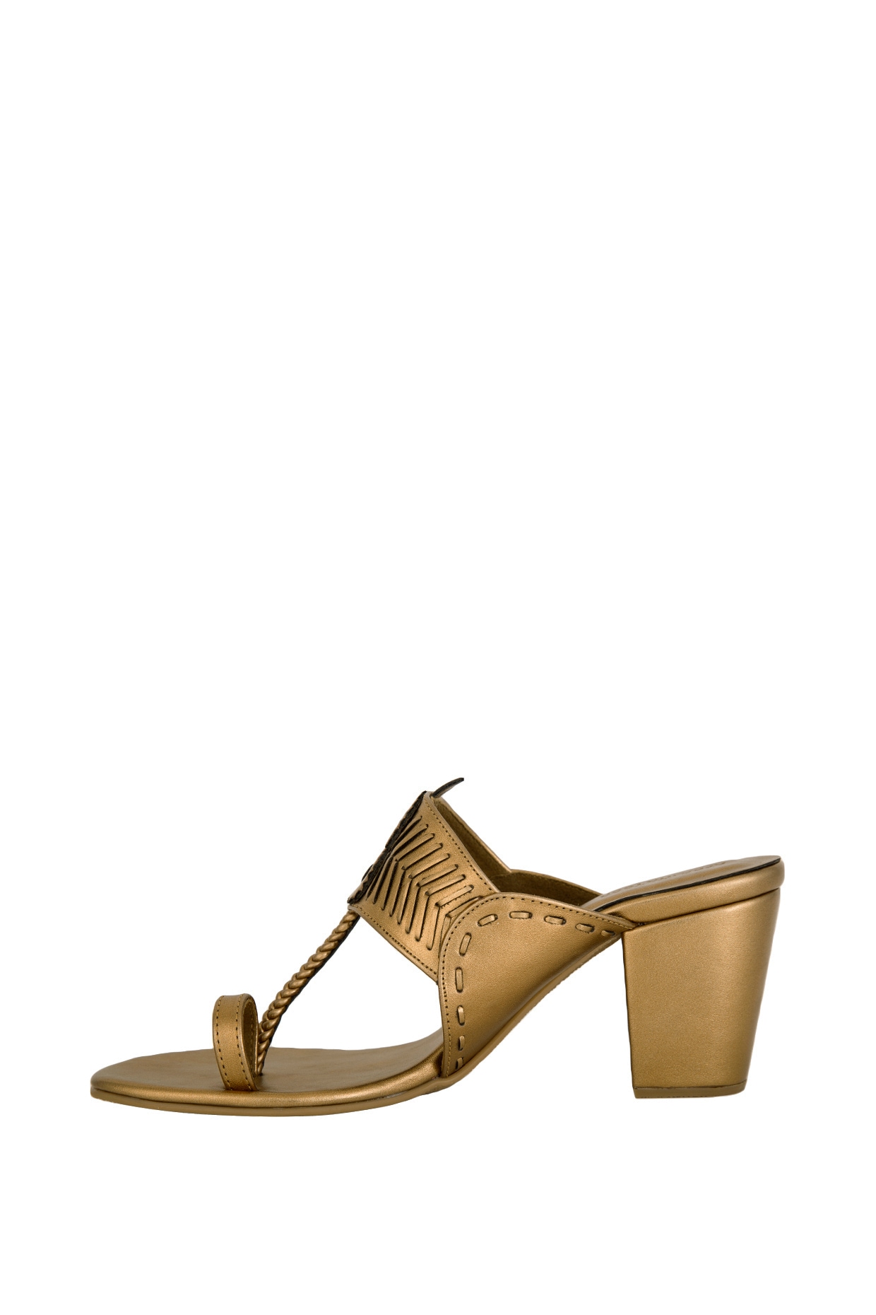 Metallic Gold Cross Strap Chunky Block Heels: Chere Footwear